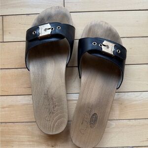 Dr. Scholl's Black Leather Slides with Wooden Sole